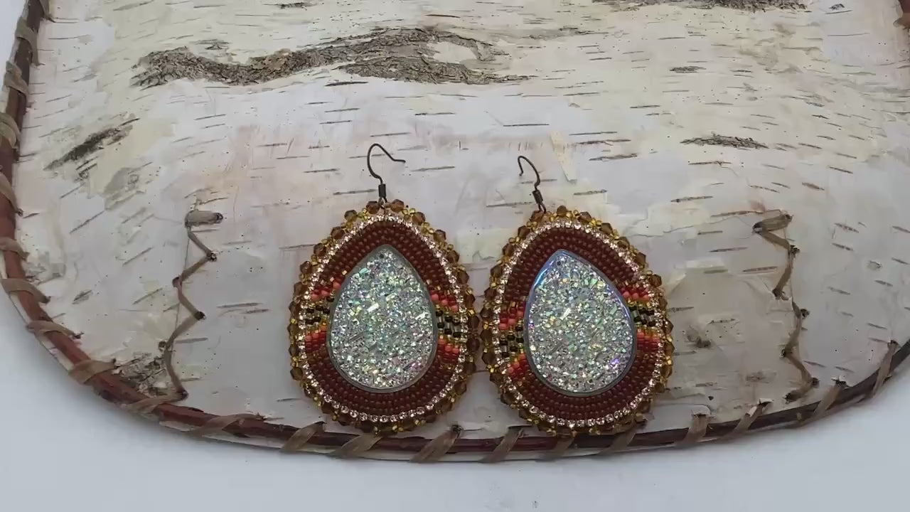 Large Shimmering Fall Season Hand Beaded Earrings - Ojibwe/Anishinaabe Made