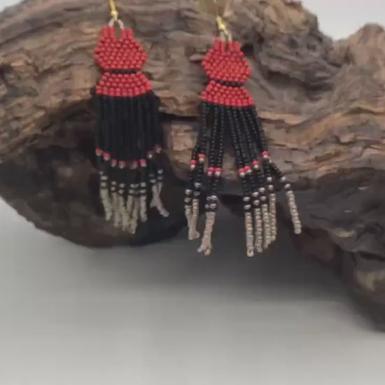 Hand Beaded Dangling Fringe Earrings – Anishinaabe Made