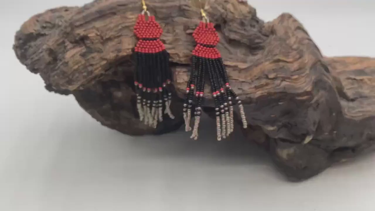 Hand Beaded Dangling Fringe Earrings – Anishinaabe Made