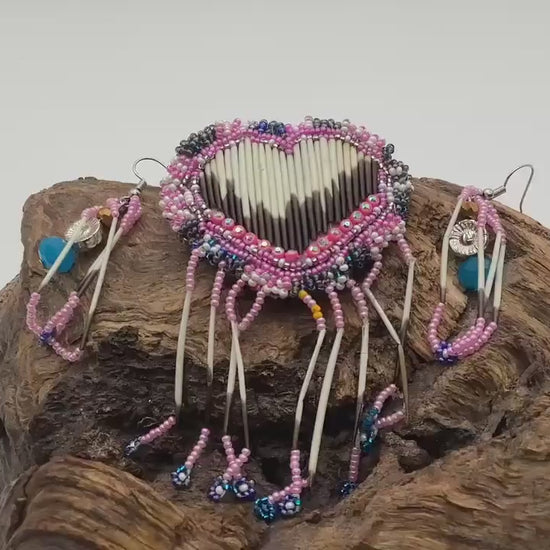 Hand Beaded and Quilled Heart Barrette & Earring Set — Anishinaabe/Ojibwe Beadwork