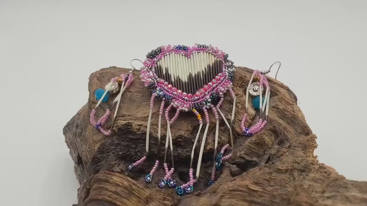 Hand Beaded and Quilled Heart Barrette & Earring Set — Anishinaabe/Ojibwe Beadwork