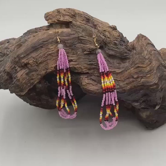 Hand Beaded Fringe Dangle Earrings - Authentic Anishinaabe/Ojibwe Beadwork
