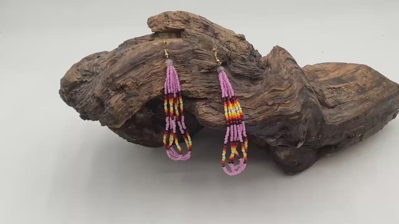 Hand Beaded Fringe Dangle Earrings - Authentic Anishinaabe/Ojibwe Beadwork