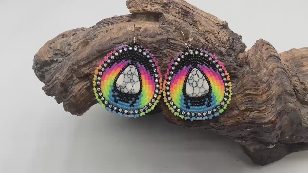 Hand Beaded Multicolored & Acrylic Center Earrings - Authentic Anishinaabe/Ojibwe Beadwork