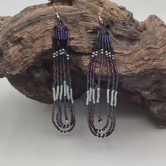 Hand Beaded Galaxy Fringe Earrings - Authentic Anishinaabe/Ojibwe Beadwork