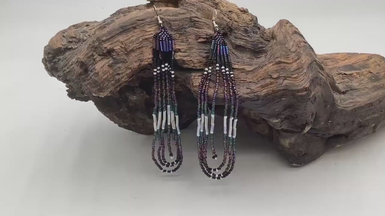 Hand Beaded Galaxy Fringe Earrings - Authentic Anishinaabe/Ojibwe Beadwork
