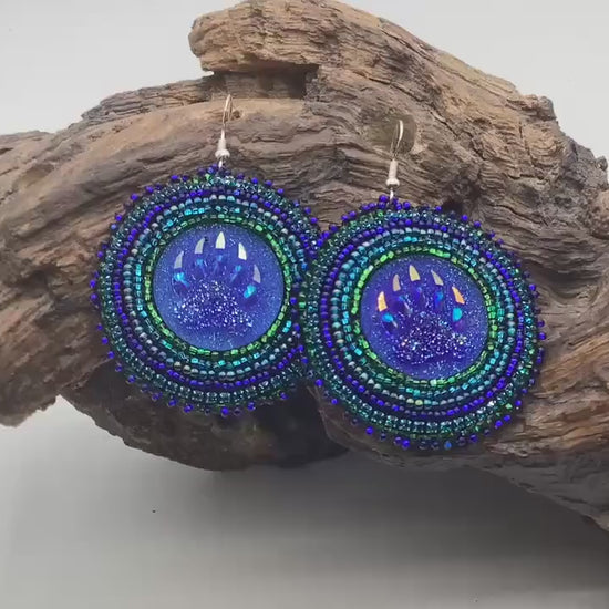 Shimmering Blue Bear Claw Hand Beaded Earrings - Anishinaabe/Ojibwe Beadwork