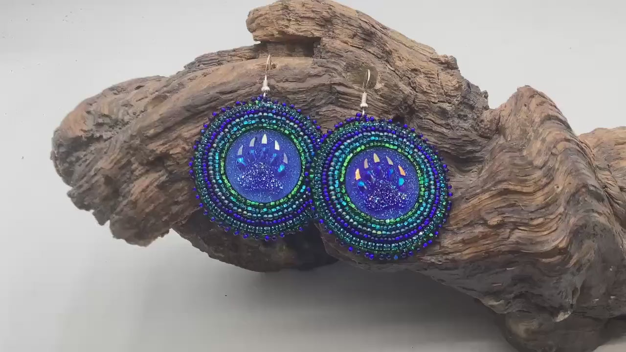 Shimmering Blue Bear Claw Hand Beaded Earrings - Anishinaabe/Ojibwe Beadwork