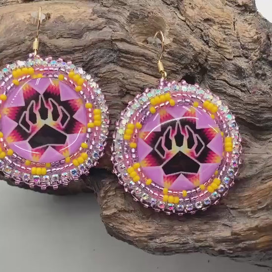 Pink Bear Claw Hand Beaded Earrings: Anishinaabe/Ojibwe Beadwork