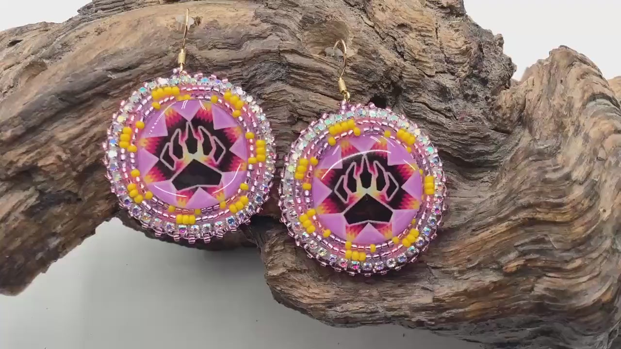 Pink Bear Claw Hand Beaded Earrings: Anishinaabe/Ojibwe Beadwork