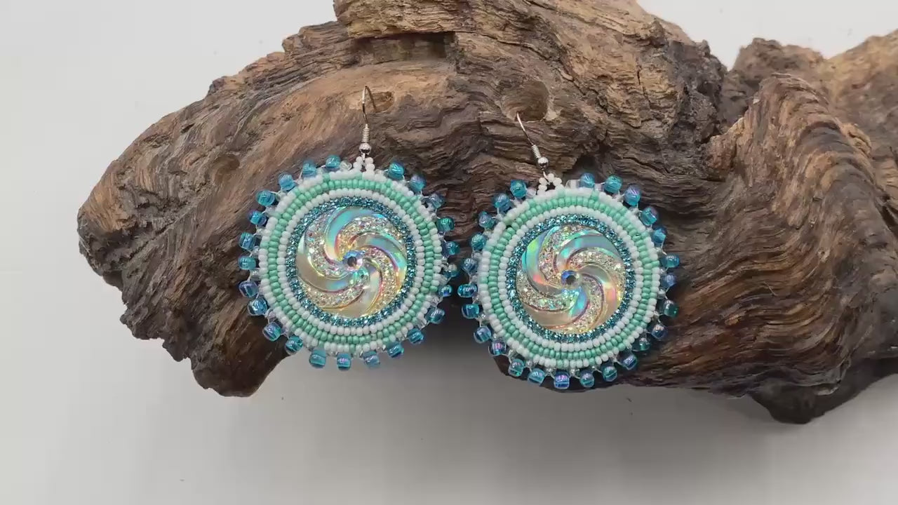 Hand Beaded Earrings: Anishinaabe/Ojibwe Beadwork, Resin Spiral