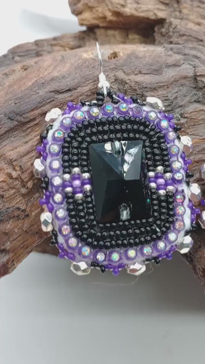 Purple Rain Beaded Earrings: Anishinaabe/Ojibwe Beadwork, Leather Backed