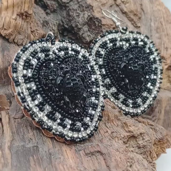 3D turtle Indigenous Beaded Heart Earrings – Black Turtle, Czech Glass