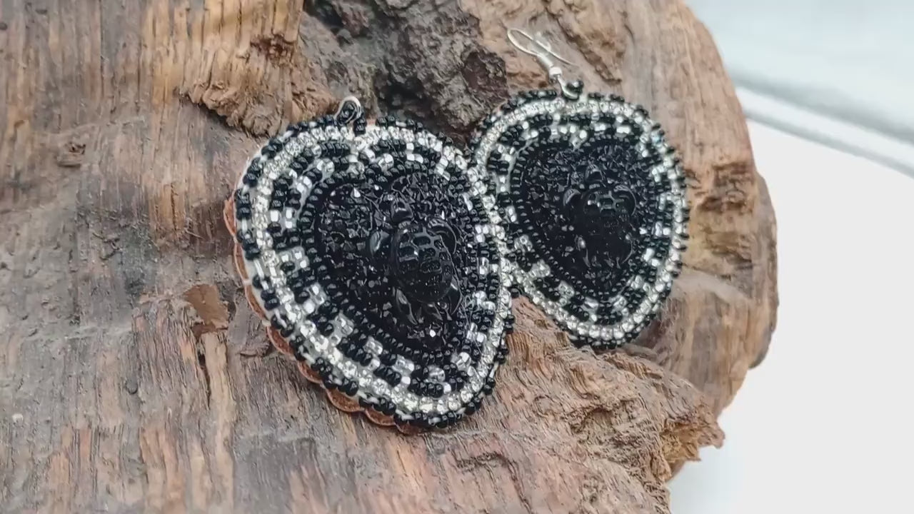 3D turtle Indigenous Beaded Heart Earrings – Black Turtle, Czech Glass