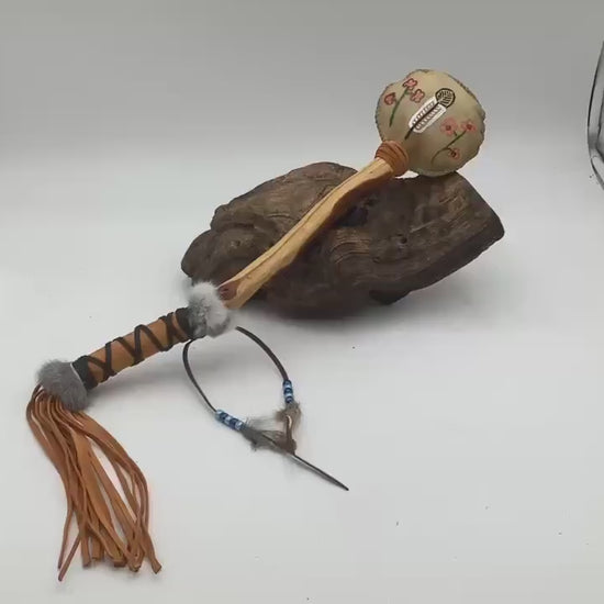 Hand Painted Rawhide Dance Rattle -Ojibwe/Anishinaabe made - Free Shipping