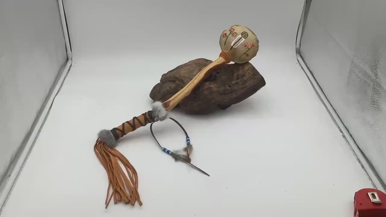 Hand Painted Rawhide Dance Rattle -Ojibwe/Anishinaabe made - Free Shipping