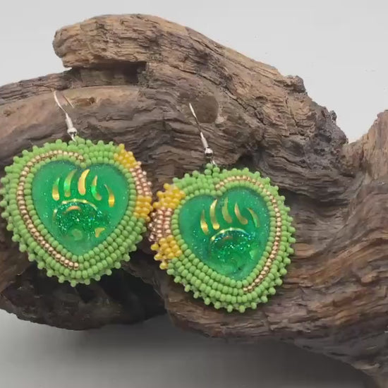 Iridescent Bear Claw Heart Shaped Beaded Earrings