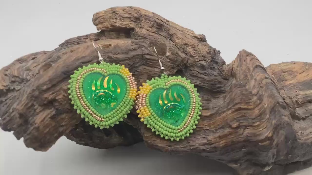 Iridescent Bear Claw Heart Shaped Beaded Earrings