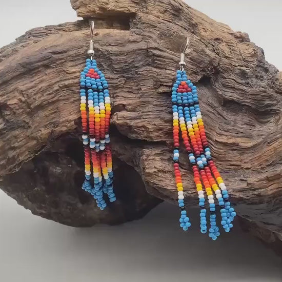 Hand Beaded Blue Dangle Earrings – Anishinaabe Made