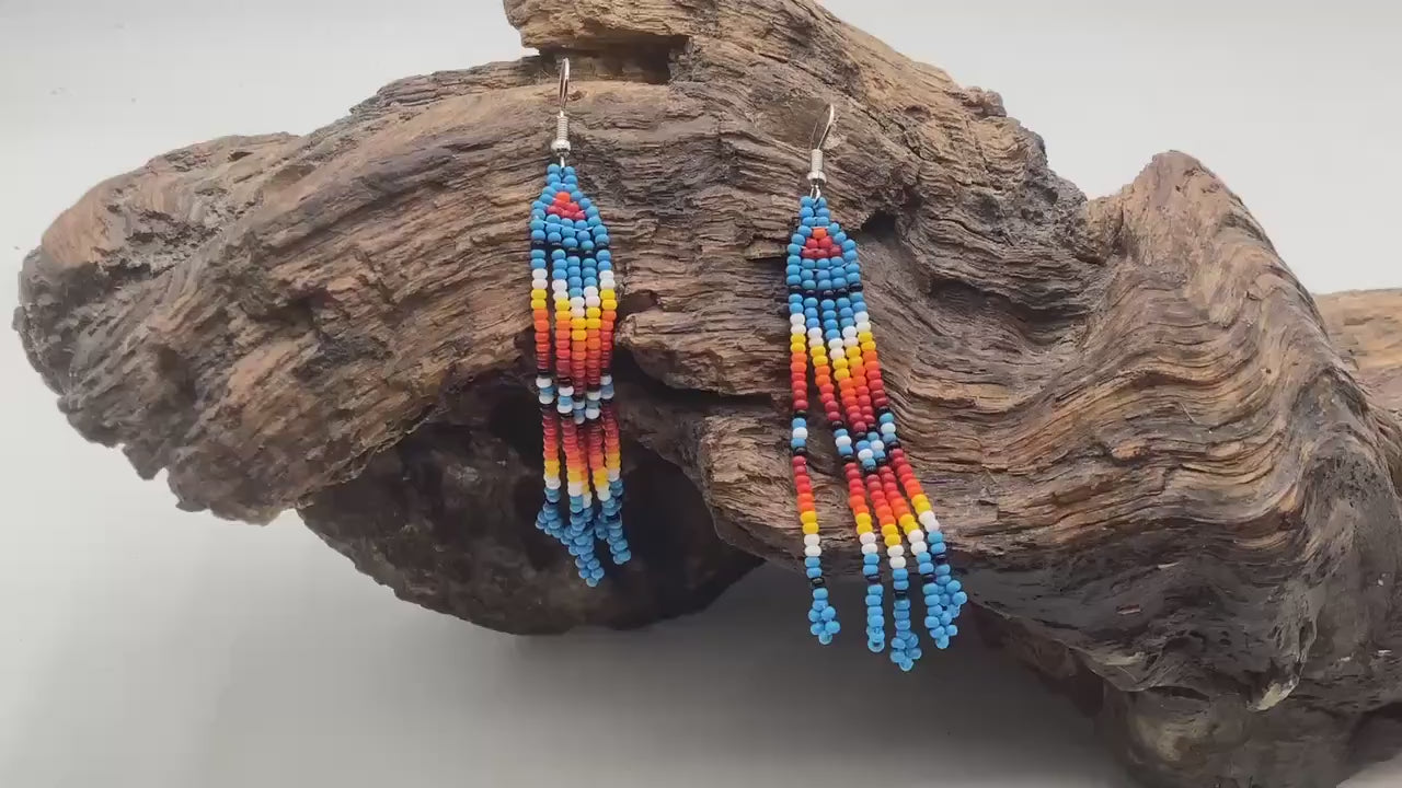 Hand Beaded Blue Dangle Earrings – Anishinaabe Made