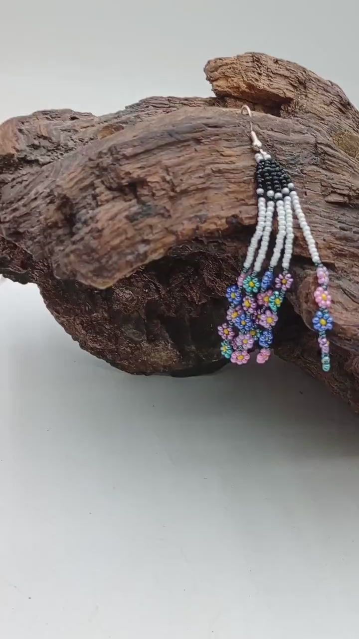Handmade Daisy Fringe Earrings: Anishinaabe Beadwork