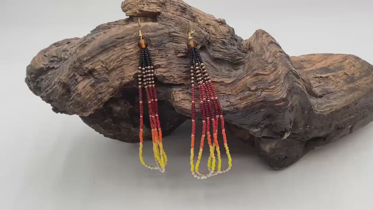 Hand Beaded Fringe Dangle Earrings - Authentic Anishinaabe/Ojibwe Beadwork