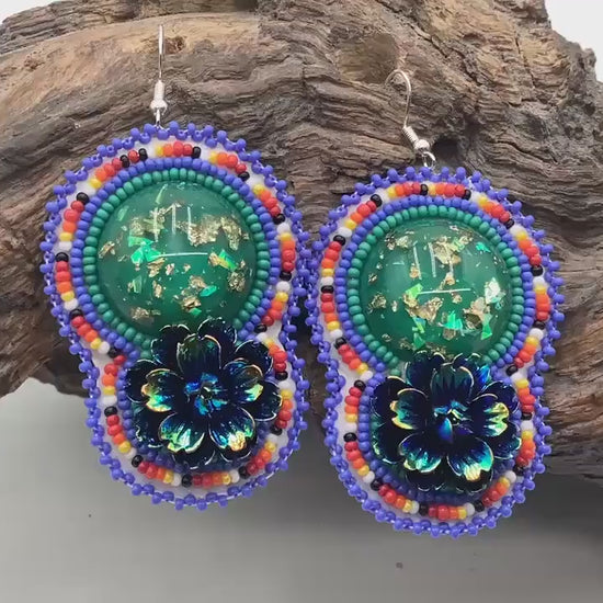 Hand Beaded Double-Centered Flower Earrings: Anishinaabe/Ojibwe Beadwork