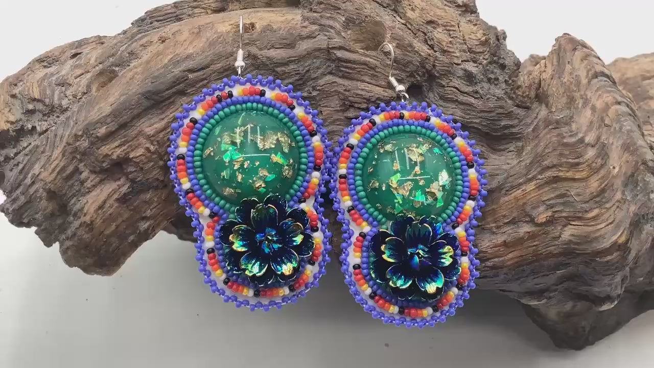 Hand Beaded Double-Centered Flower Earrings: Anishinaabe/Ojibwe Beadwork