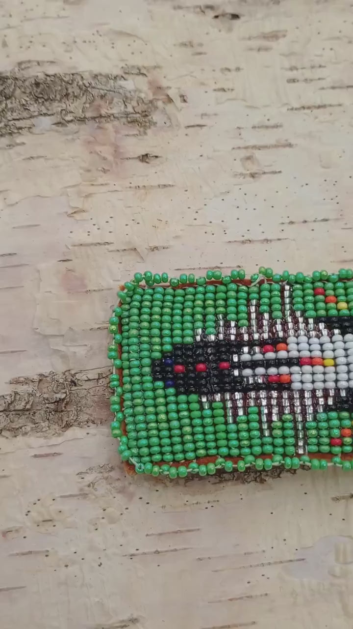 Loom Beaded Barrette: Ojibwe/Anishinaabe Made, Leather Backed