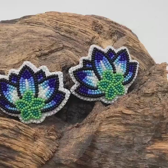 Hand Beaded Moonlite Lotus Flower Earrings: Anishinaabe/Ojibwe Design