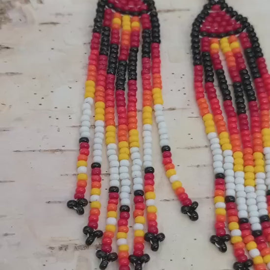 Anishinaabe Made Beaded Fringe Earrings – Fire Colors