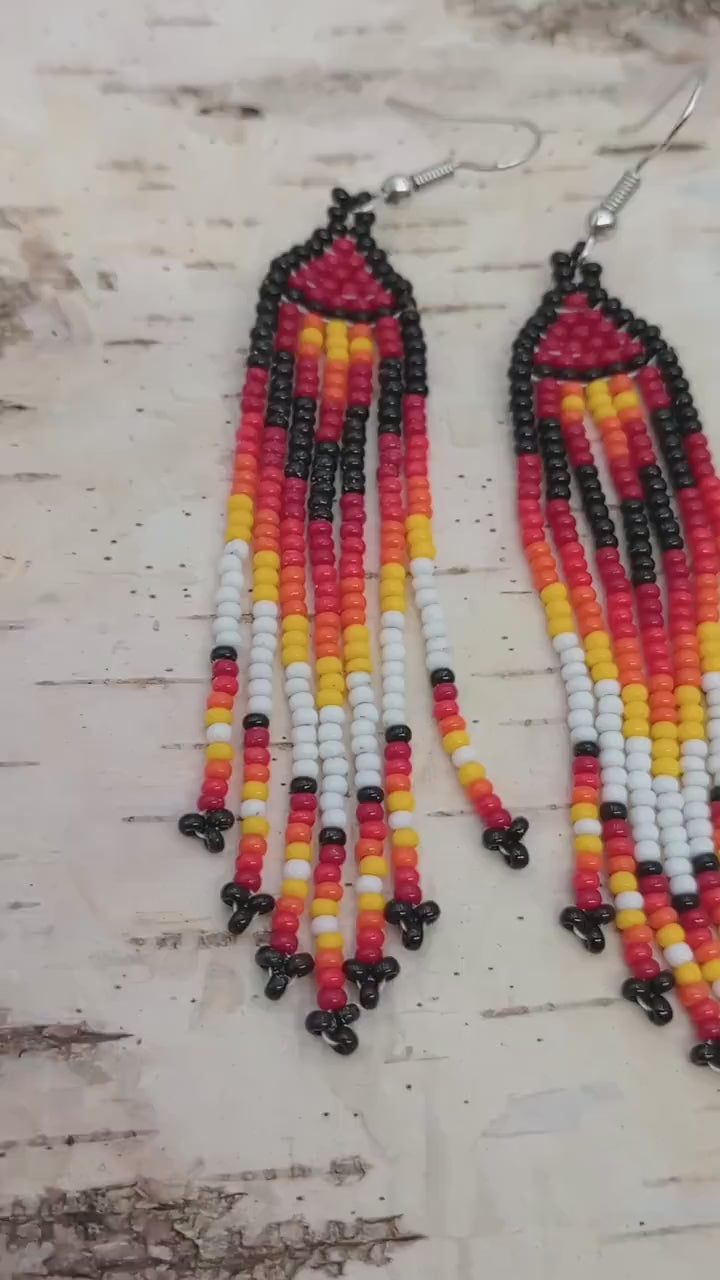 Anishinaabe Made Beaded Fringe Earrings – Fire Colors
