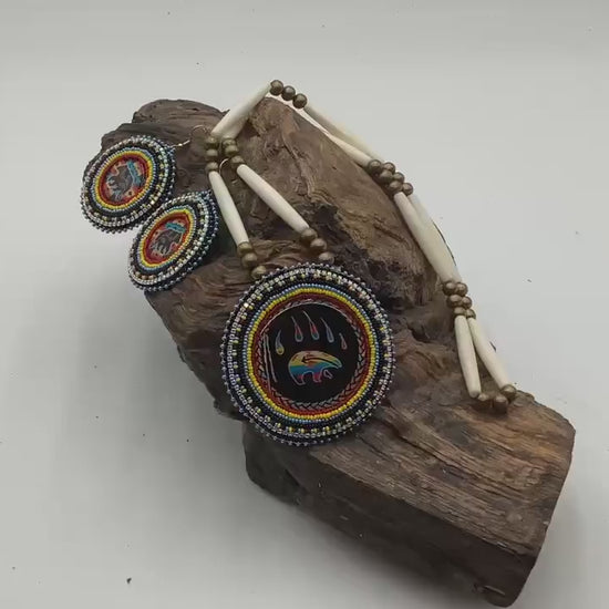 Ojibwe Indigenous Bear Pattern Beadwork Necklace and Earrings Set: Anishinaabe Artisan Jewelry