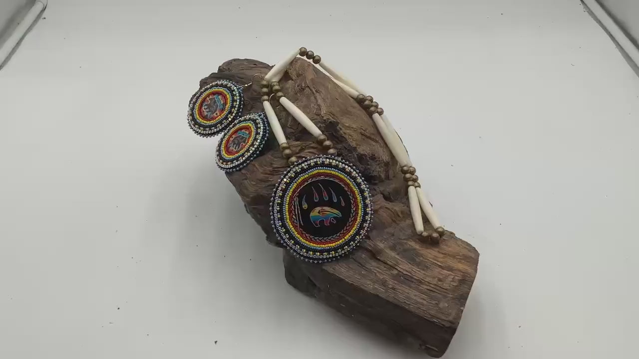 Ojibwe Indigenous Bear Pattern Beadwork Necklace and Earrings Set: Anishinaabe Artisan Jewelry