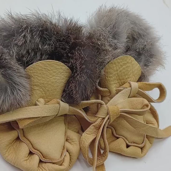 Leather Baby Moccasins with Rabbit Fur Trim - Ojibwe/Anishinaabe Made - Free Shipping