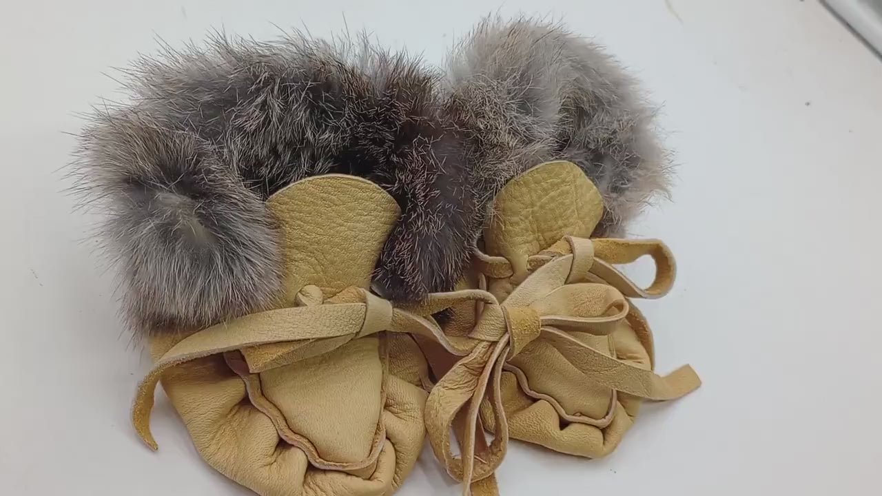 Leather Baby Moccasins with Rabbit Fur Trim - Ojibwe/Anishinaabe Made - Free Shipping