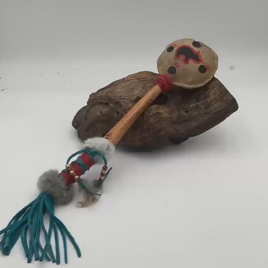 Hand Painted Rawhide Dance Rattle -Ojibwe/Anishinaabe made - Free Shipping