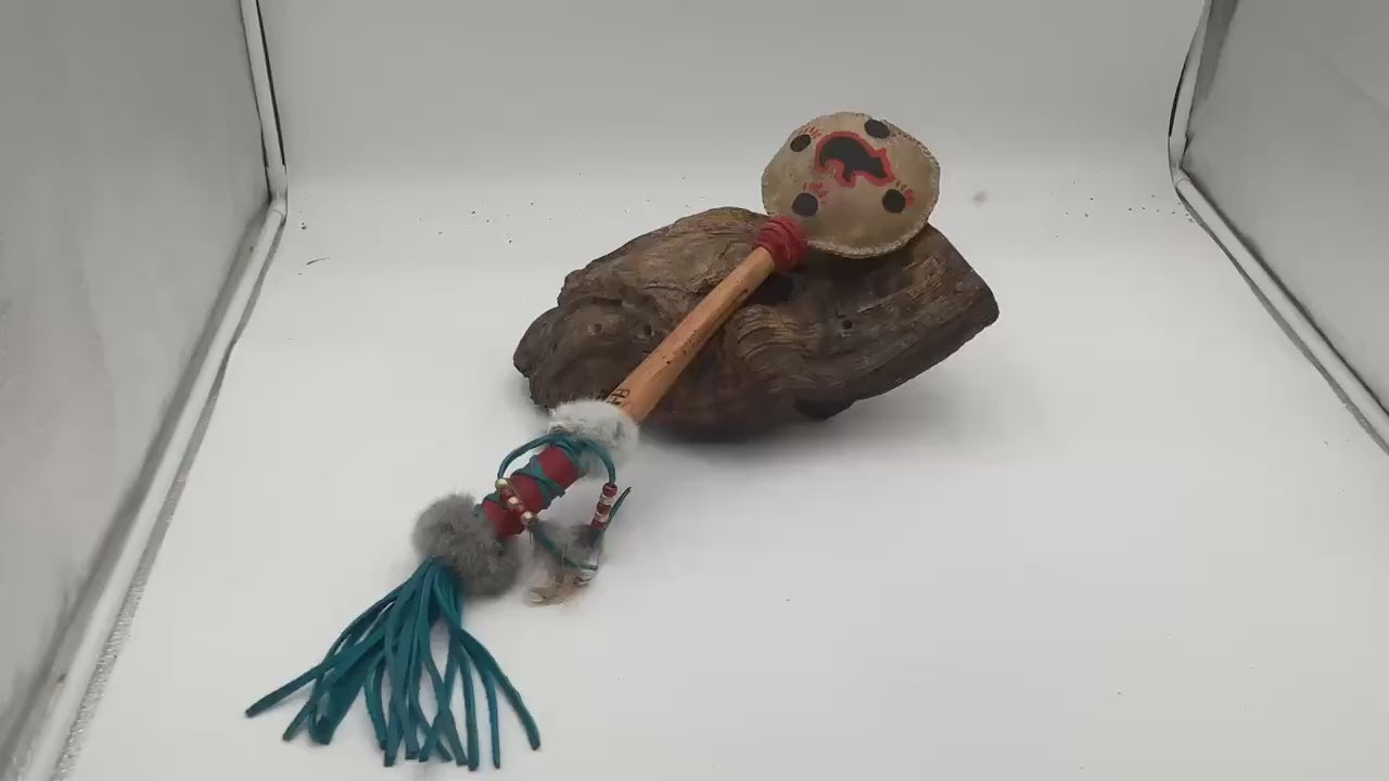 Hand Painted Rawhide Dance Rattle -Ojibwe/Anishinaabe made - Free Shipping