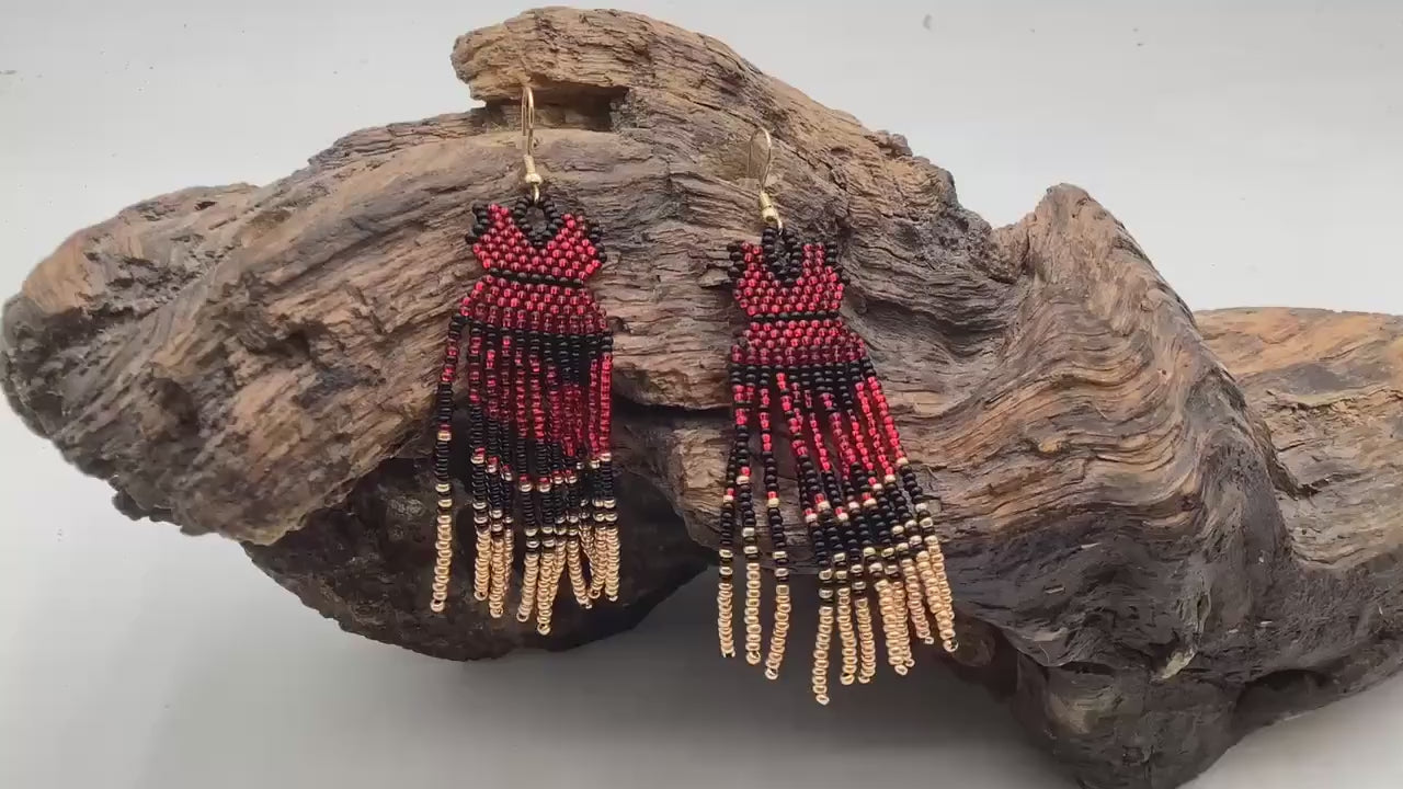 Hand Beaded Dangling Fringe Earrings – Anishinaabe Made