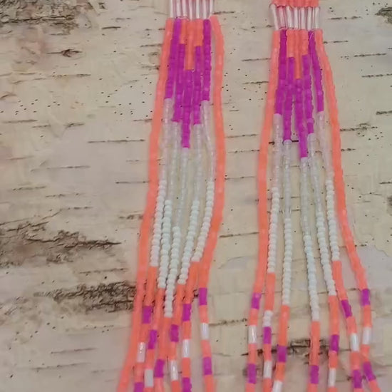 Florescent long Anishinaabe Ojibwe Beaded Dangle Earrings