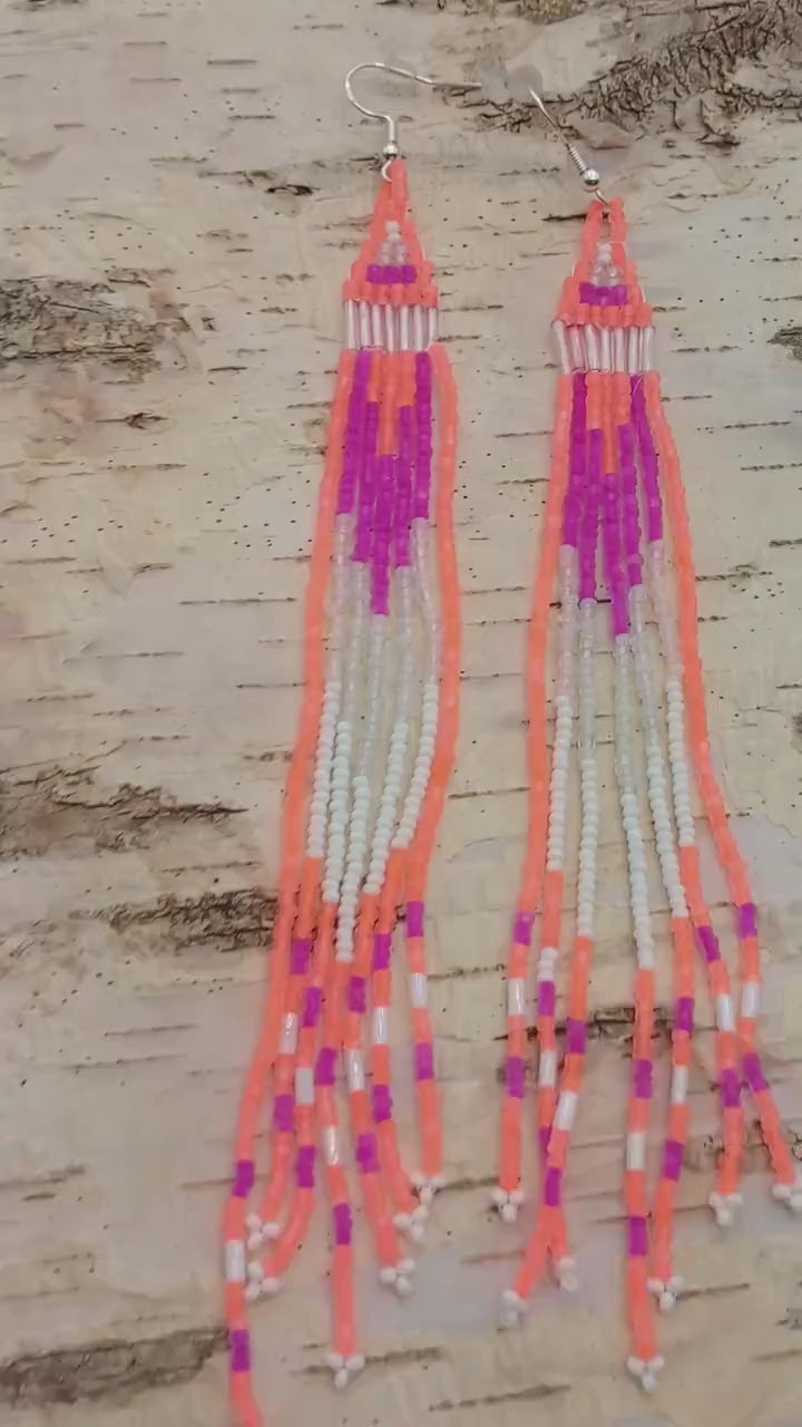 Florescent long Anishinaabe Ojibwe Beaded Dangle Earrings