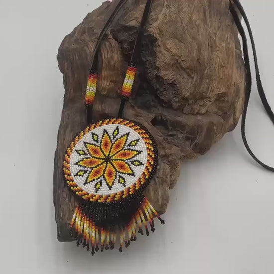 Hand Beaded Anishinaabe Medallion with Beaded Strap - Authentic Anishinaabe/Ojibwe Made - Free Shipping