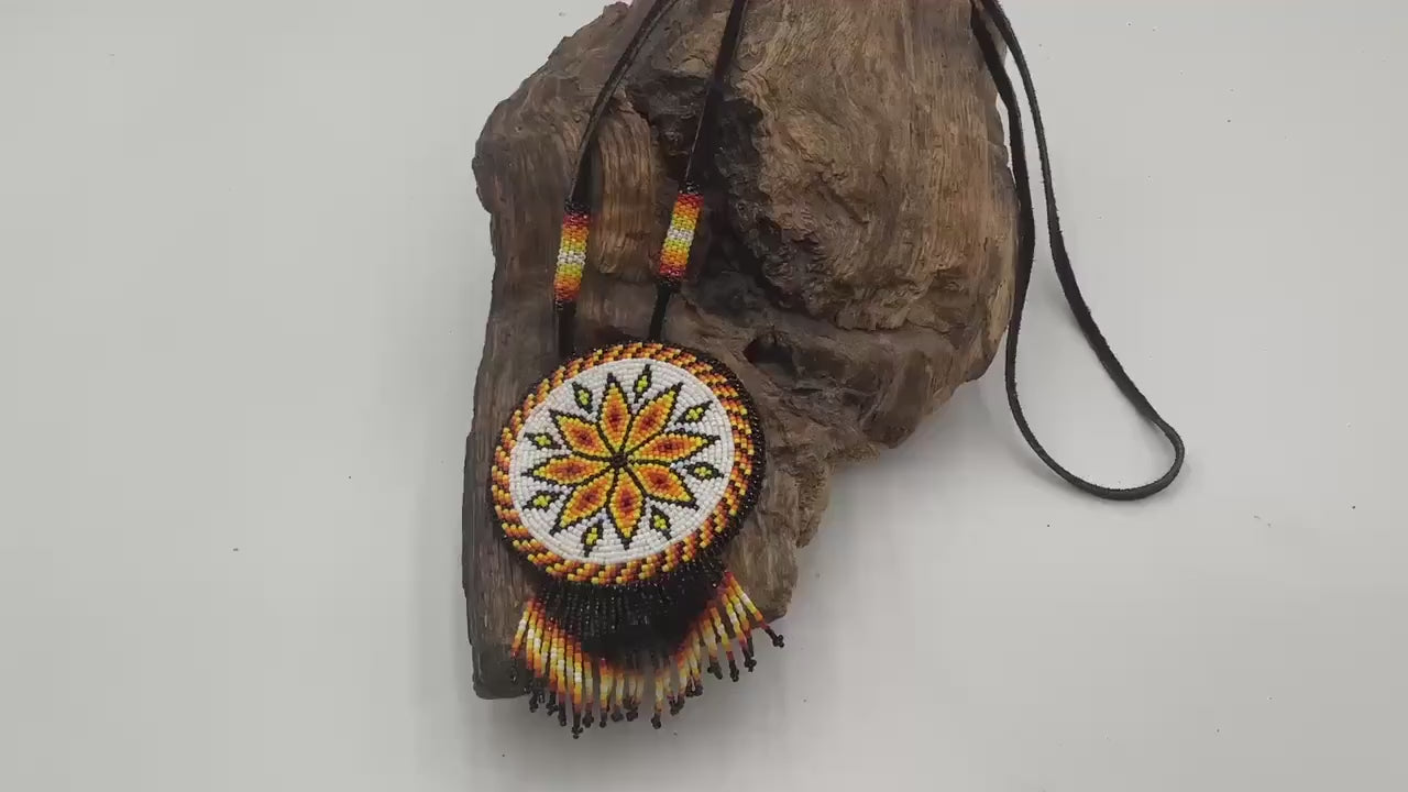 Hand Beaded Anishinaabe Medallion with Beaded Strap - Authentic Anishinaabe/Ojibwe Made - Free Shipping