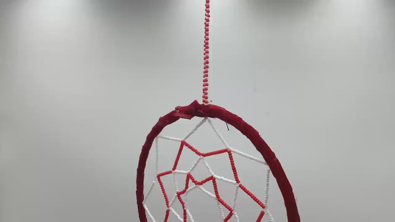 Authentic Anishinaabe/Ojibwe Red Beaded Web Dreamcatcher - Free Shipping