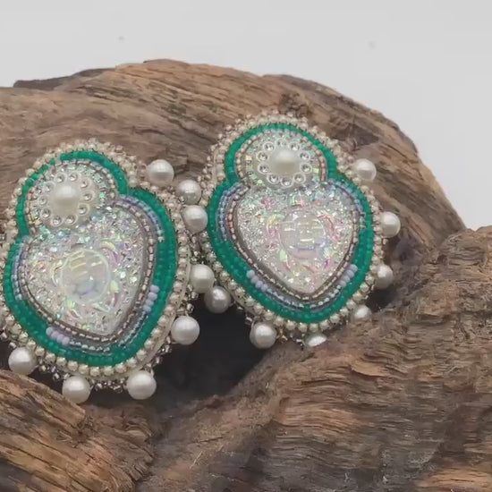 Double Centered Turtle Heart Hand Beaded Earrings – Authentic Anishinaabe/Ojibwe Beadwork