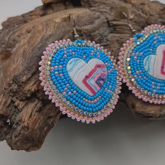 Handmade Beaded Heart Earrings: Ojibwe Turquoise Style