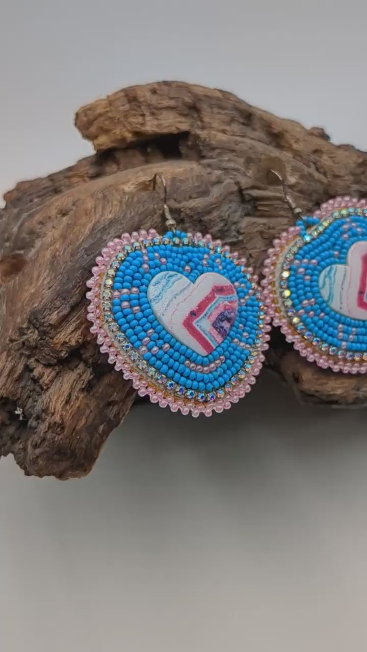 Handmade Beaded Heart Earrings: Ojibwe Turquoise Style
