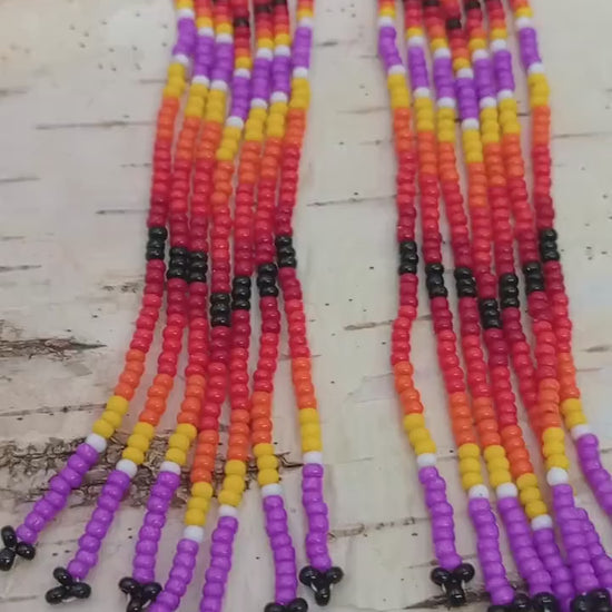 Shades of Lavender & fire colors - Fringe Earrings - Anishinaabe/Ojibwe made