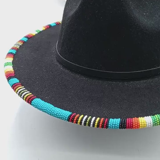 Turquoise and Fire Colors Beaded Felt Fedora- Anishinaabe/Ojibwe Beading - Free Shipping