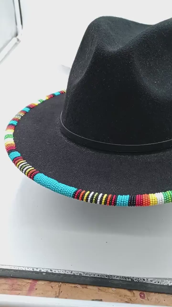 Turquoise and Fire Colors Beaded Felt Fedora- Anishinaabe/Ojibwe Beading - Free Shipping